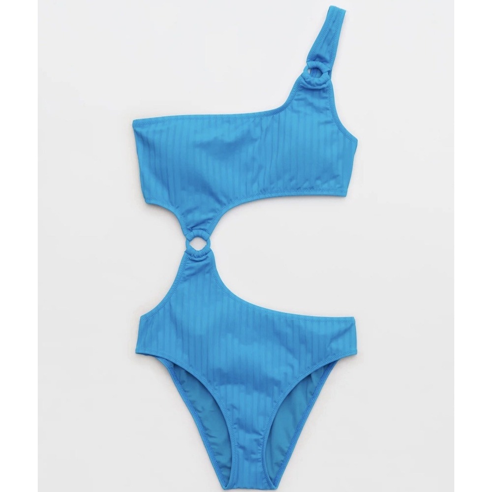 NEW Aerie Wide Rib Cut Out One Shoulder Ring One Piece Swimsuit Sz XL Elite Blue